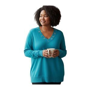 CAROLYN TAYLOR TURQUOISE VNECK JEWELD SWEATER SZ.2X EUC.